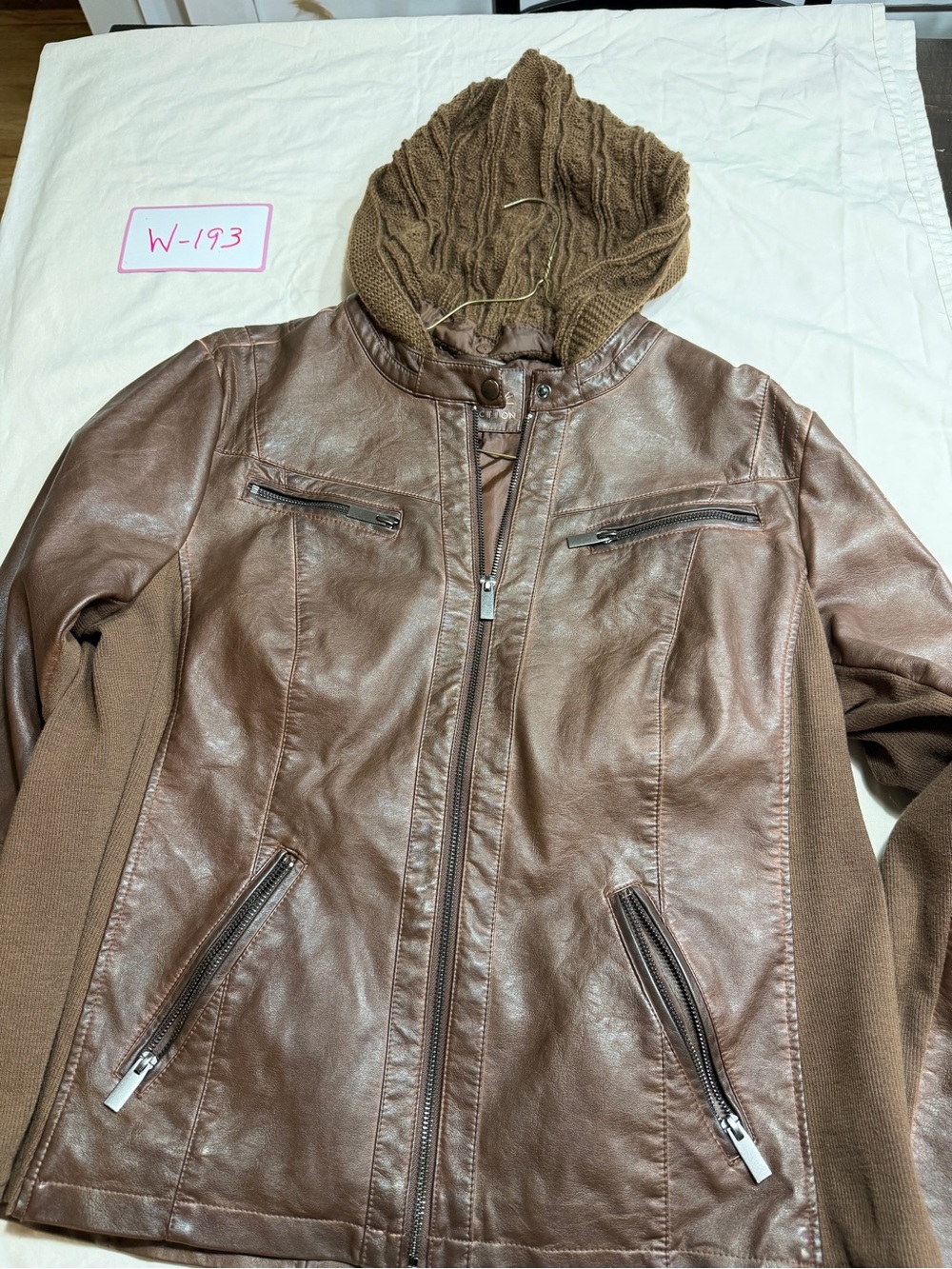 Brown Women's Faux Leather Hooded Jacket